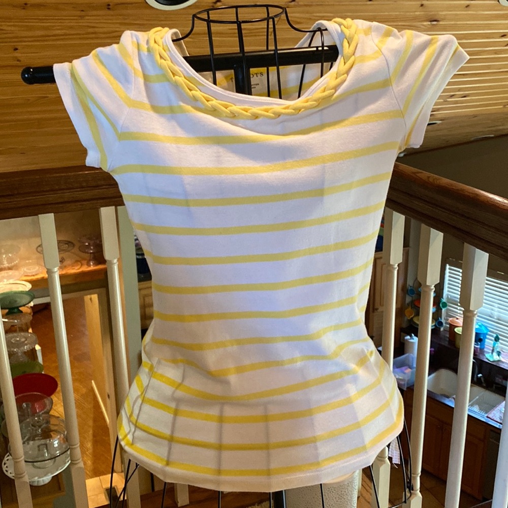 EUC white, and yellow blouse with braid trim at neck